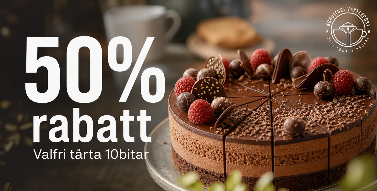 Konditori Västerport – 50% rabatt – Valfri tårta 10bitar