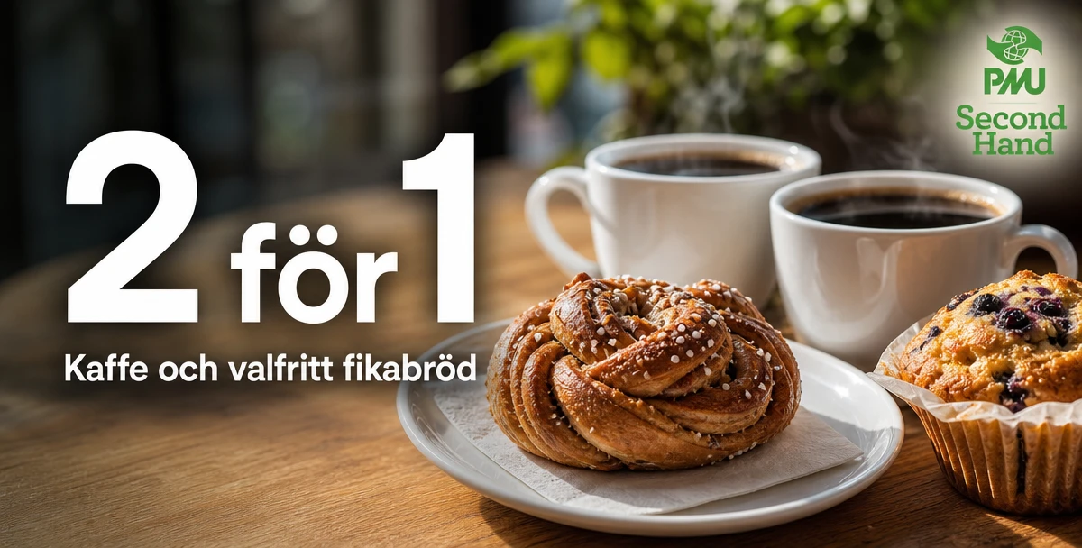 PMU Second Hand – 2 för 1 – Kaffe och valfritt fikabröd