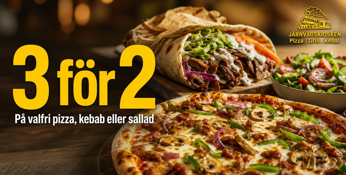 Järnvägskiosken i Mora – 3 för 2 – På valfri pizza, kebab eller sallad