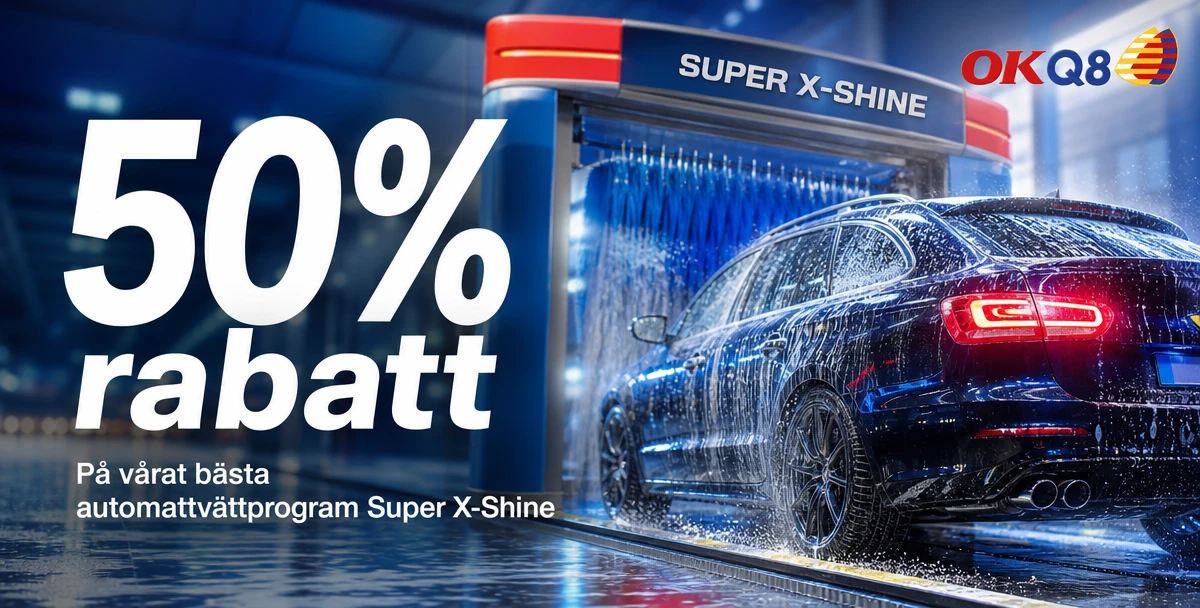 OKQ8 Norrtälje – 50% rabatt – På vårat bästa automattvättprogram Super X-Shine