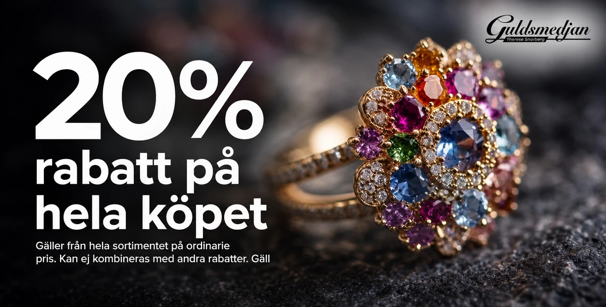 Guldsmedjan i Snarberg – 20% rabatt på hela köpet – Gäller från hela sortimentet på ordinarie pris. Kan ej kombineras med andra rabatter. Gäller ej verkstadsarbeten och Ordensringar