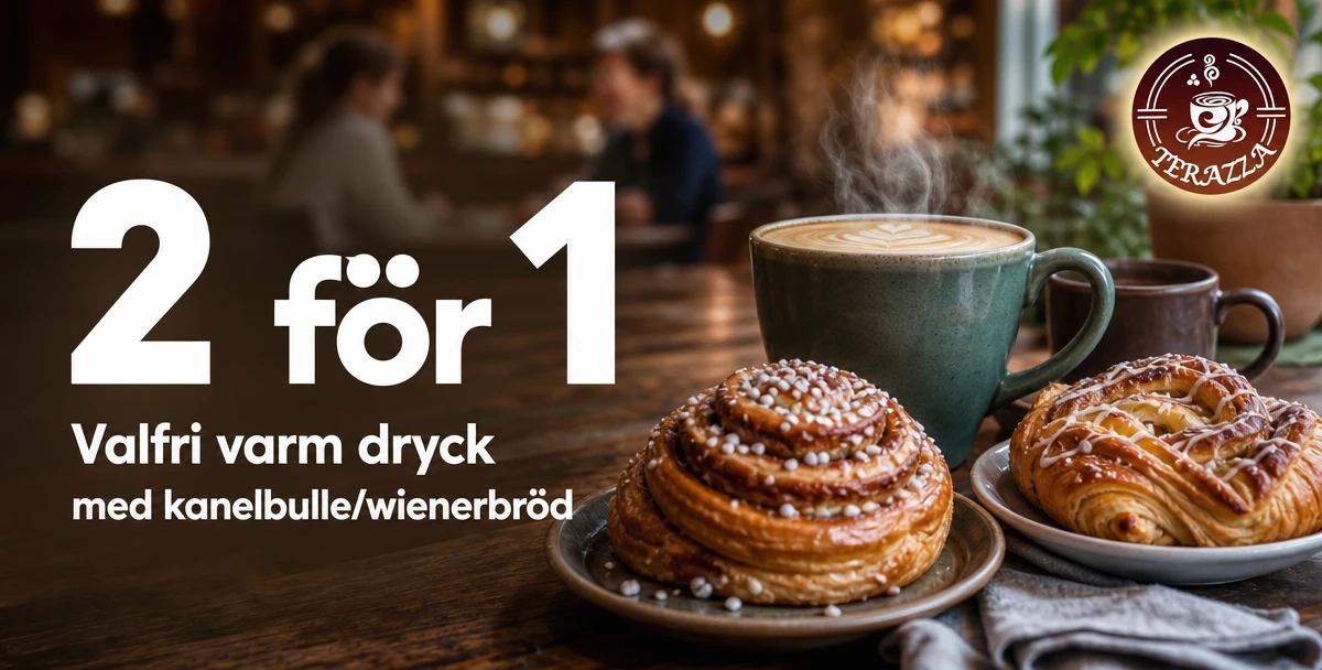 Terazza Café – 2 för 1 – Valfri varm dryck med kanelbulle/wienerbröd
