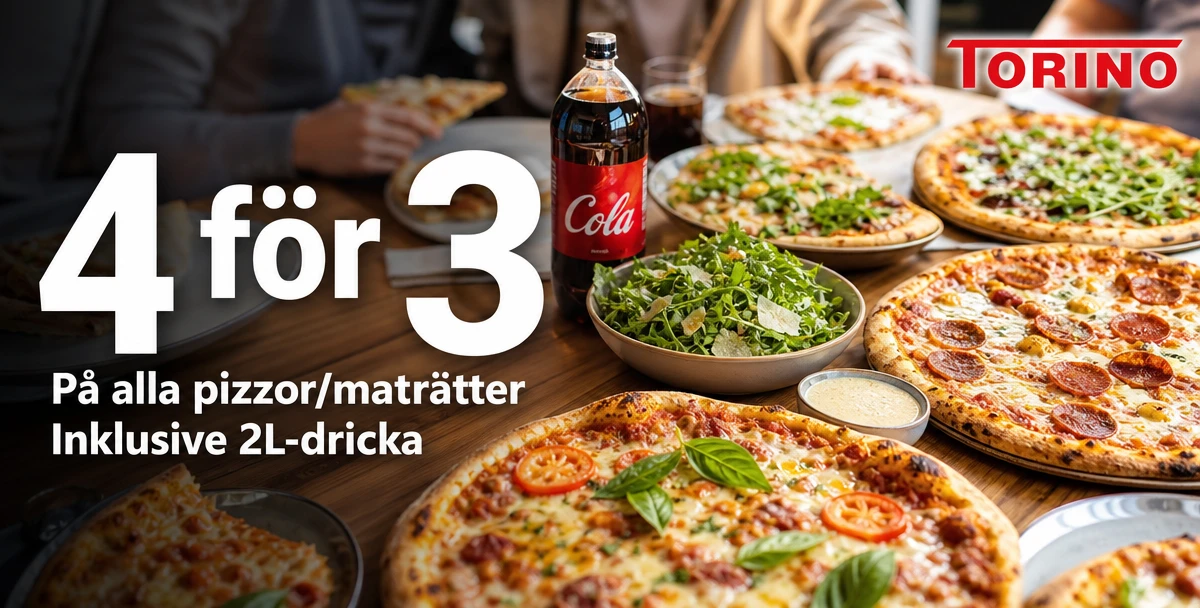 Torino Pizza Enköping – 4 för 3 – På alla pizzor/maträtter Inklusive 2L-dricka