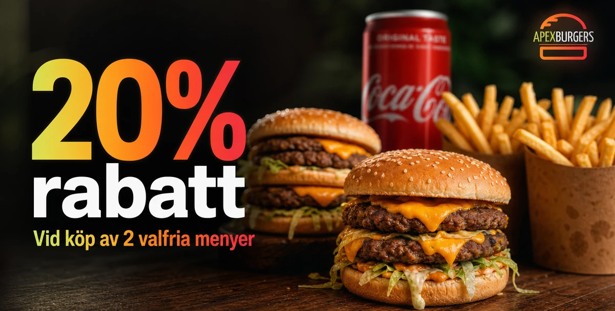 Apex Burgers – 20% rabatt – Vid köp av 2 valfria menyer