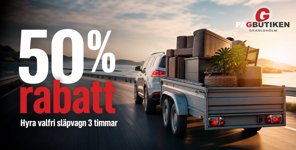 På G Butiken – 50% rabatt – Hyra valfri släpvagn 3 timmar