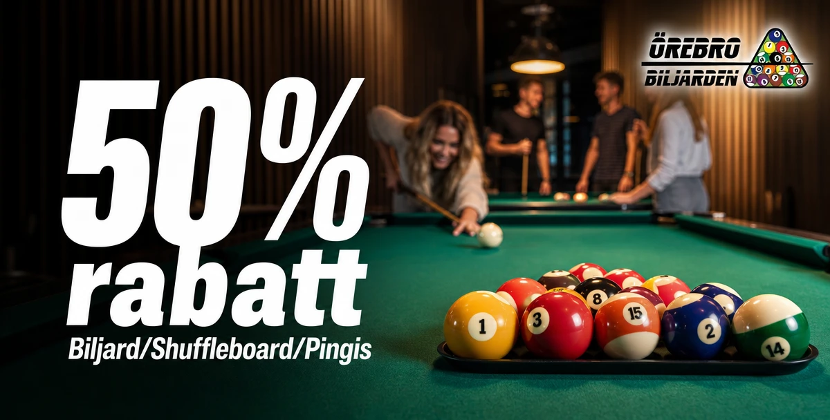 Örebrobiljarden – 50% rabatt – Biljard/Shuffleboard/Pingis