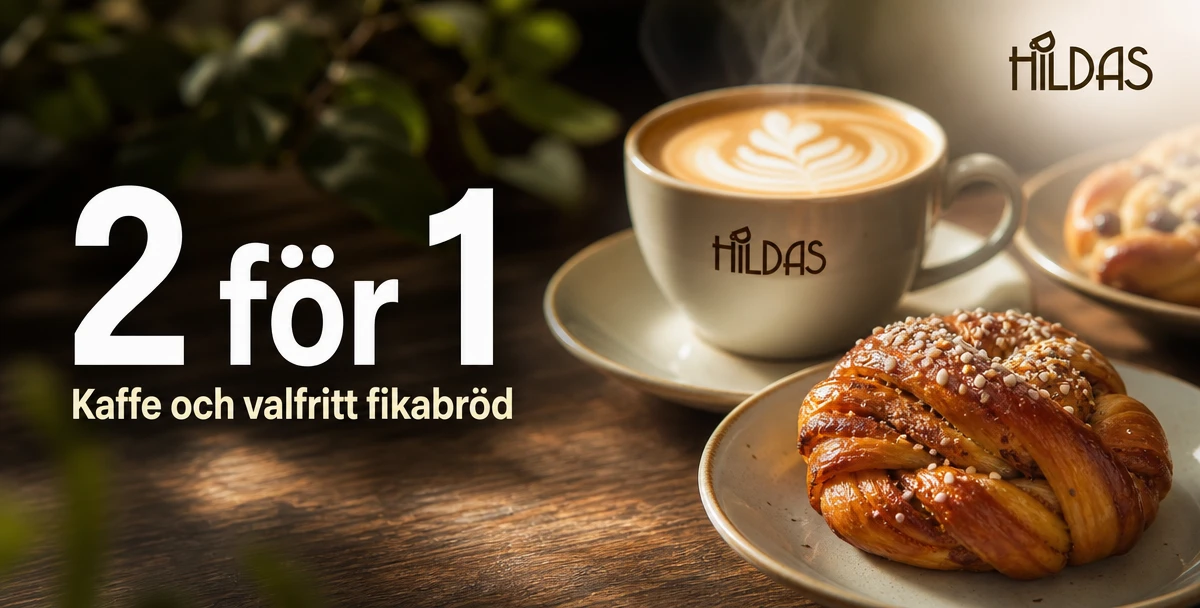Hildas café – 2 för 1 – Kaffe och valfritt fikabröd